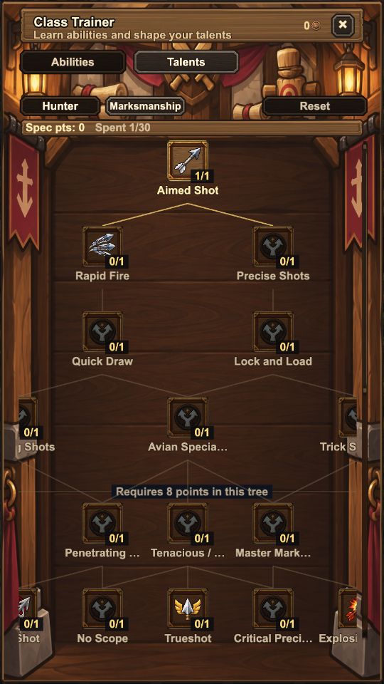 The Marksmanship talent tree with connected abilities including Aimed Shot and Rapid Fire